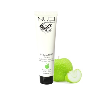 Frasco branco de gel lubrificante INLUBE Aloe Vera com maçã verde ao lado