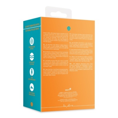 Embalagem de vibrador Loveline com textos e ícones informativos em azul e laranja