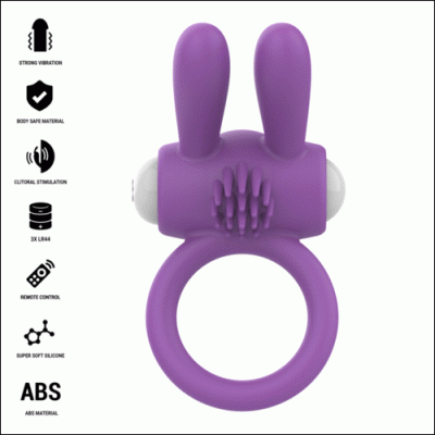 Anel vibratório roxo com duas extensões e texto informativo ao lado