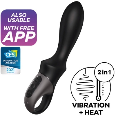Vibrador preto com base cinza e botões, com texto e selos
