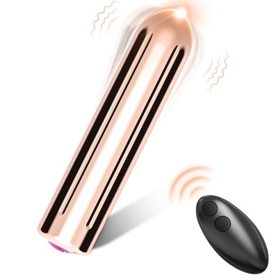 Vibrador cilíndrico metálico cor de rosa dourado com comando preto sem fios