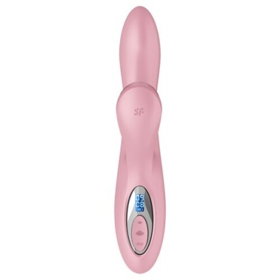 Vibrador cor-de-rosa com ecrã digital azul e botão triangular