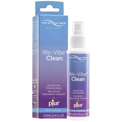 Spray de limpeza We-Vibe Clean com embalagem azul e roxa