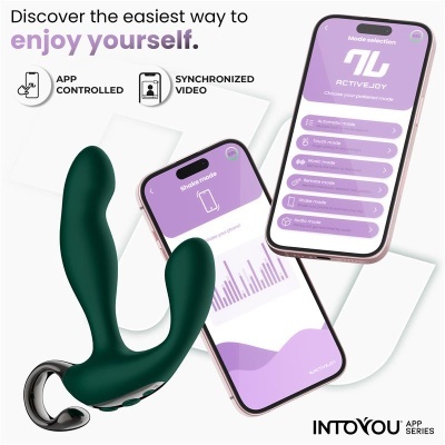 Vibrador verde escuro com controlo por app móvel e interface roxa em telemóveis