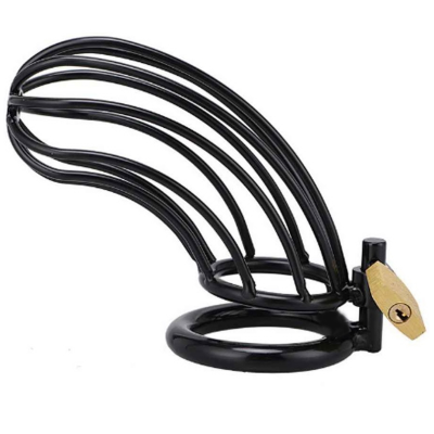 Cage de metal preta com cadeado dourado numa base circular