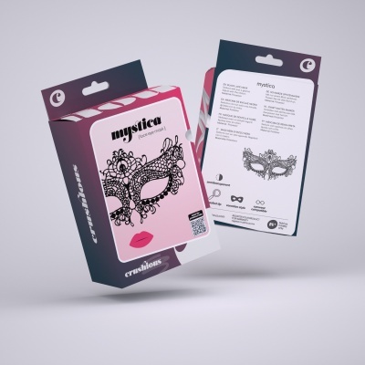 Embalagem rosa e roxa de máscara de renda preta Mystica com desenho de máscara e texto multilingue