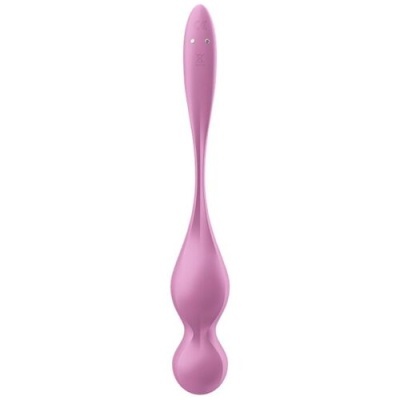 Produto rosado alongado com duas esferas e cabo fino com pequenos orifícios