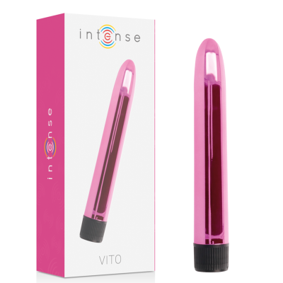 Vibrador rosa metálico junto à caixa branca e rosa com texto