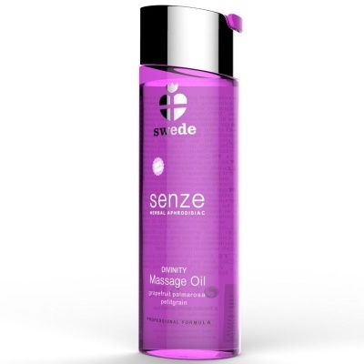 Frasco roxo de óleo de massagem Swede Senze com tampa prateada