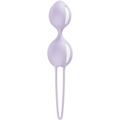 Bolas de silicone lilás com detalhes brancos e alça flexível