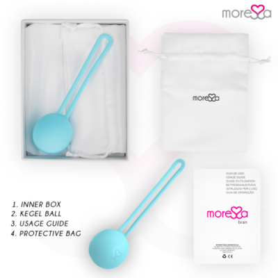 Conjunto de bola Kegel azul clara com caixa branca, saco protetor branco e guia de uso