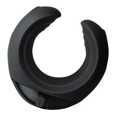 Dispositivo preto circular aberto com botão na base