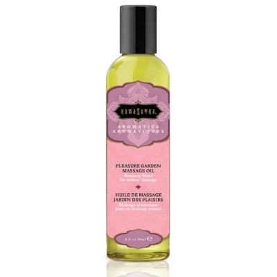 Frasco de óleo de massagem Kamasutra com tampa preta e etiqueta rosa e roxa
