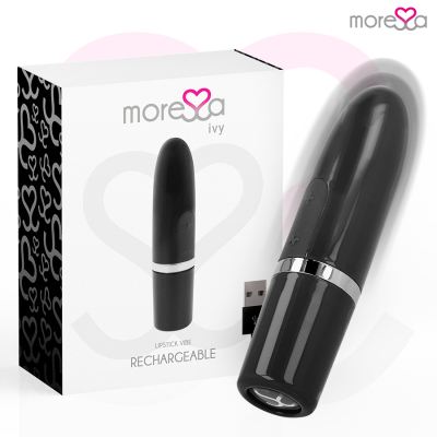 Vibrador preto compacto com embalagem branca e detalhes em coração
