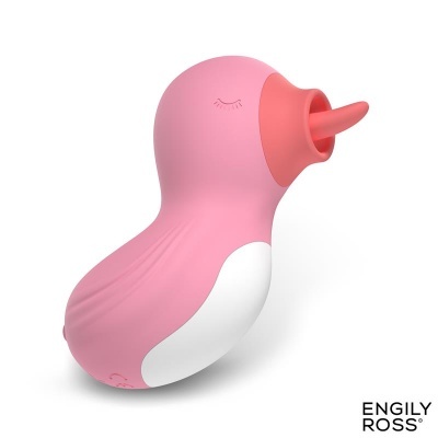 Brinquedo em forma de pato rosa com bico vermelho e parte inferior branca