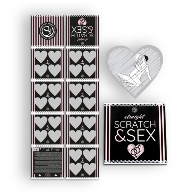 Embalagem de jogo scratch e sex com design preto, rosa e branco com corações e ilustração de casal