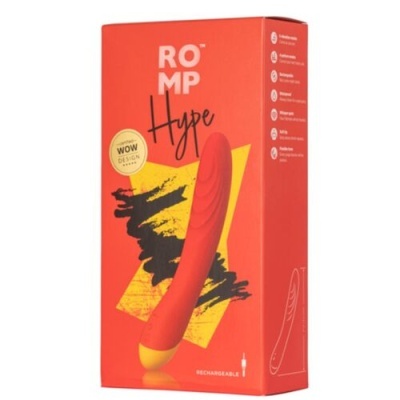 Embalagem vermelha ROMP Hype com vibrador vermelho e detalhes amarelos