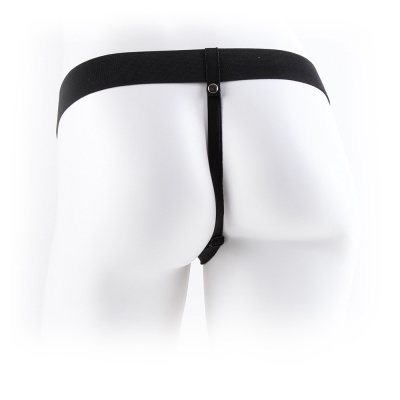 Cueca tanga preta elástica vista traseira num manequim branco