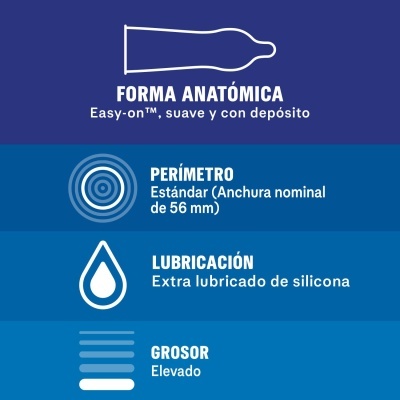 Descrição de características de um preservativo em fundo azul com texto em espanhol