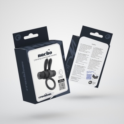Embalagens do anel vibratório Nacho com comando remoto em silicone e ABS, texto multilingue e QR code