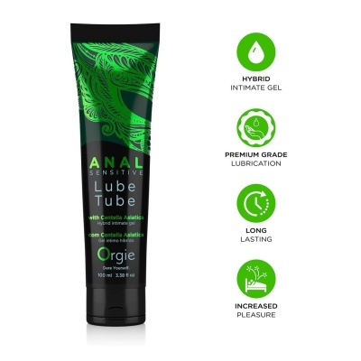 Tubo de gel íntimo anal sensível preto com detalhes verdes e texto em duas línguas