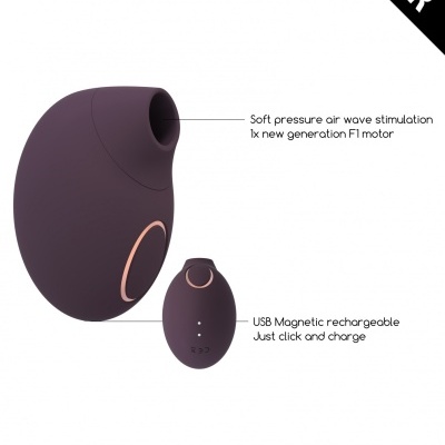 Dispositivo eletrônico roxo escuro com detalhes em cobre, texto em inglês sobre funções