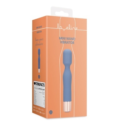 Embalagem de vibrador mini wand azul com fundo cor de pêssego