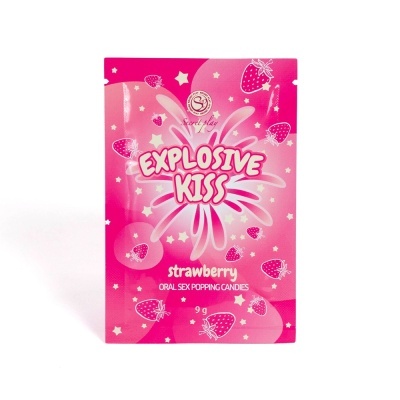 Embalagem rosa de doces efervescentes sabor morango com texto Explosive Kiss
