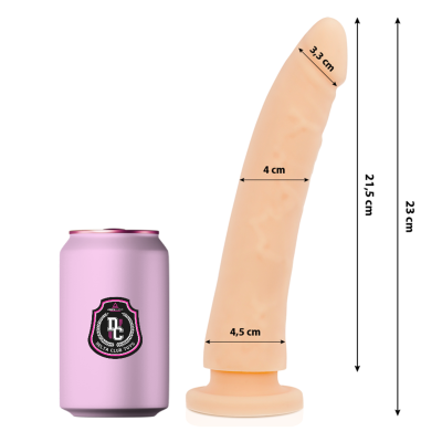 Dildo em silicone cor pele com medidas ao lado de uma lata rosa DC Delta Club Toys