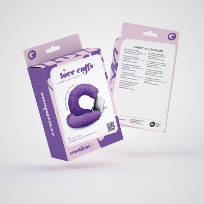 Embalagem de algemas com pelúcia roxa com texto e design em roxo e branco