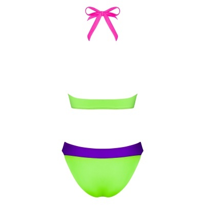 Biquíni feminino verde fluorescente com lacinho rosa e faixa roxa.