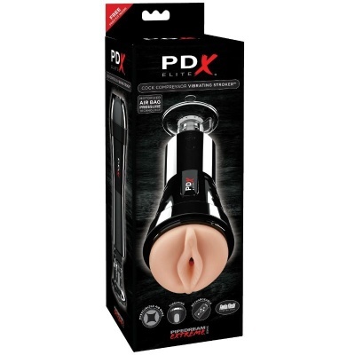 Embalagem com masturbador masculino PD-X Elite preto com entrada em tom pele.