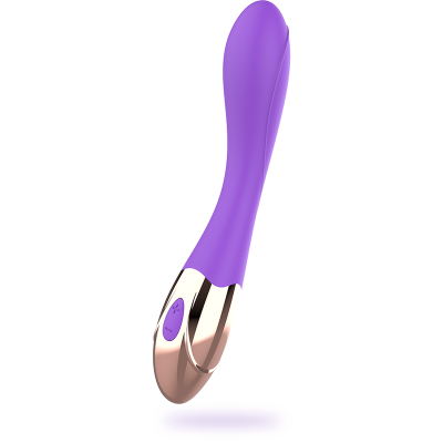 Vibrador roxo com base dourada e botões de controlo