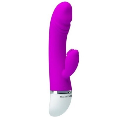 Vibrador roxo com base branca em fundo branco