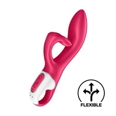 Vibrador cor-de-rosa em silicone flexível com punho branco e botões de controlo