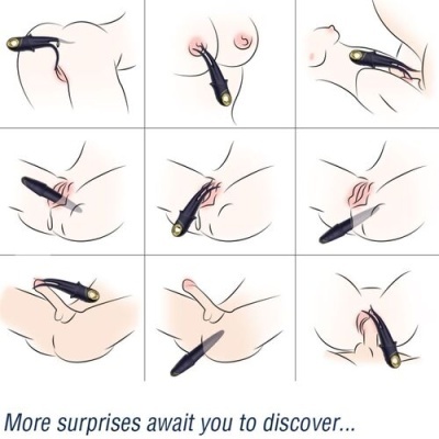 Ilustrações de um dispositivo preto em várias posições em contacto com partes íntimas do corpo.