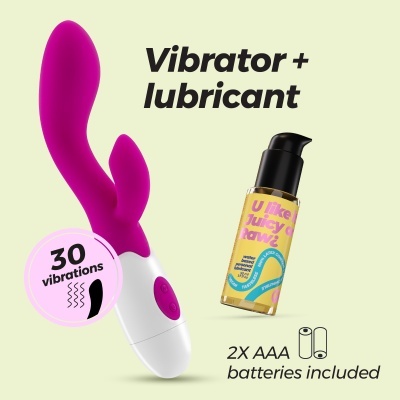 Vibrador roxo e branco e frasco com lubrificante com doseador