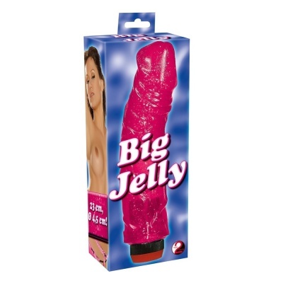 Embalagem com vibrador rosa translúcido Big Jelly em fundo azul