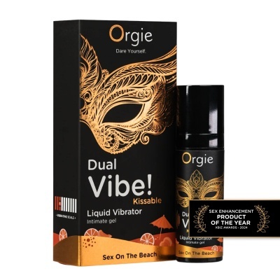 Frasco preto e caixa do produto Orgie Dual Vibe! liquid vibrator com máscara dourada