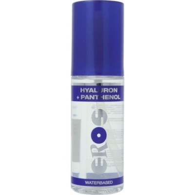 Frasco plástico transparente com tampa azul e rótulo HYALURON + PANTHENOL