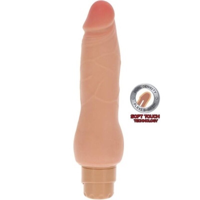 Vibrador castanho claro com textura veias e base castanha com botão, selo DUAL DENSITY FLEXI SHAFT e SOFT TOUCH TECHNOLOGY