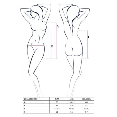 Desenho silhuetas femininas com medidas em centímetros para roupa ZOJA CHEMISE.
