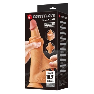 Embalagem com dildo cor de pele Pretty Love Quinlan e informações do produto