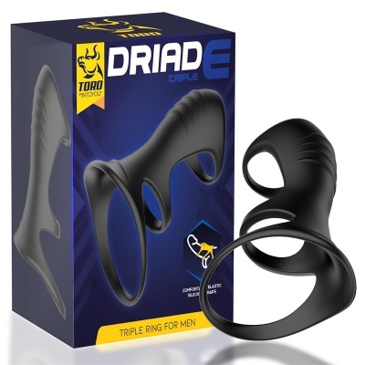 Anel triplo preto em silicone com embalagem azul escura com texto