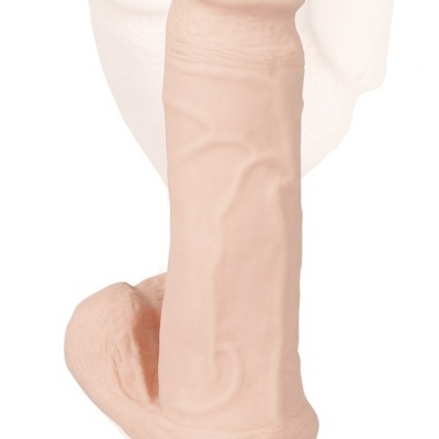 Dildo realista cor pele com base ventosa e escroto em fundo branco