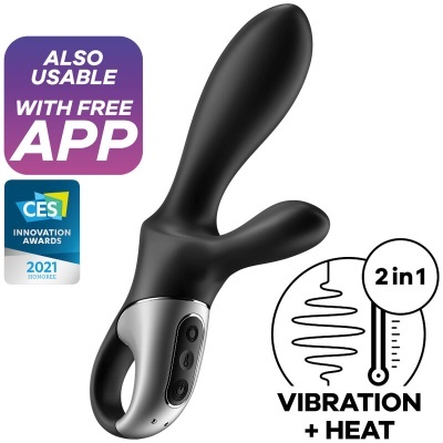 Vibrador preto com controlo, função 2 em 1 vibração e calor, texto e prémios visíveis