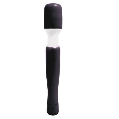 Massageador portátil preto com parte flexível branca e cabeça almofadada