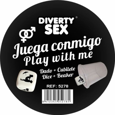 Jogo erótico com dado branco ilustrado e copo transparente em caixa preta redonda