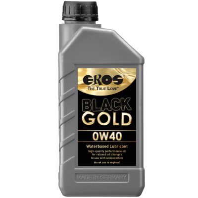 Frasco cinzento de lubrificante à base de água EROS BLACK GOLD 0W40 com rótulo preto e dourado