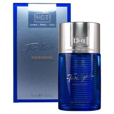 Frasco e embalagem de perfume Twilight Pheromone da HOT, azul e prateado